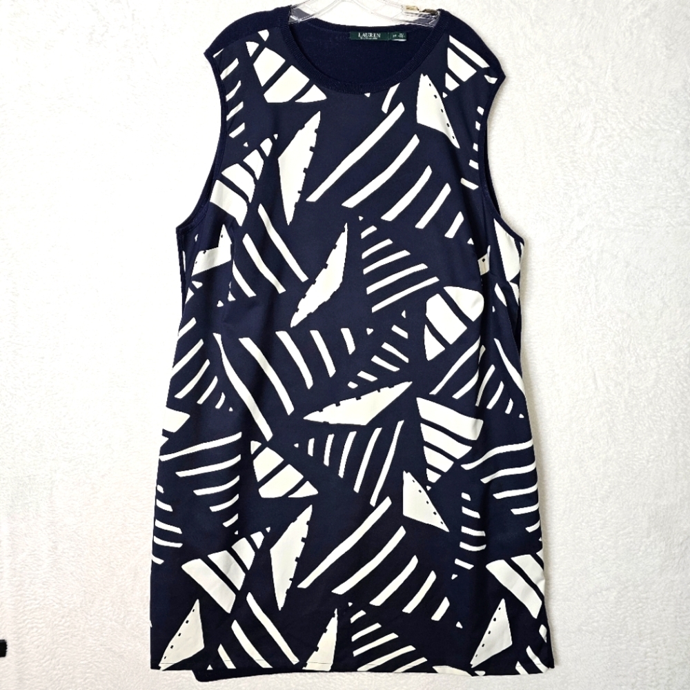 Lauren Ralph Lauren Women's Blue & White Geometric Sleeveless Shift Dress Sz 3X
